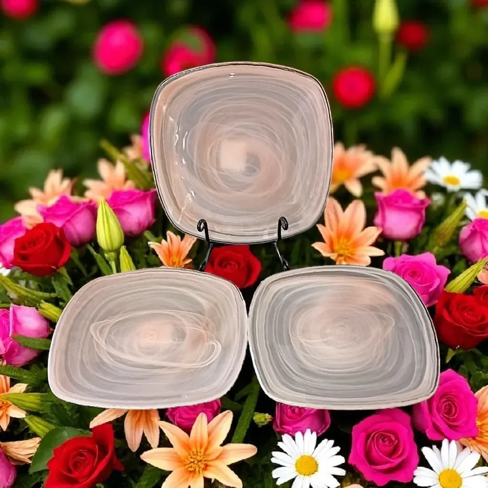 3 Pier 1‎ Alabaster Glass Plate Side Salad Dessert Lunch Niveus Pink Beige Swirl